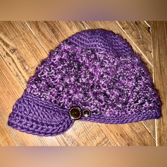 Turtle Fur Newsboy hat in purple crochet with button accents for adults - Picture 1 of 7